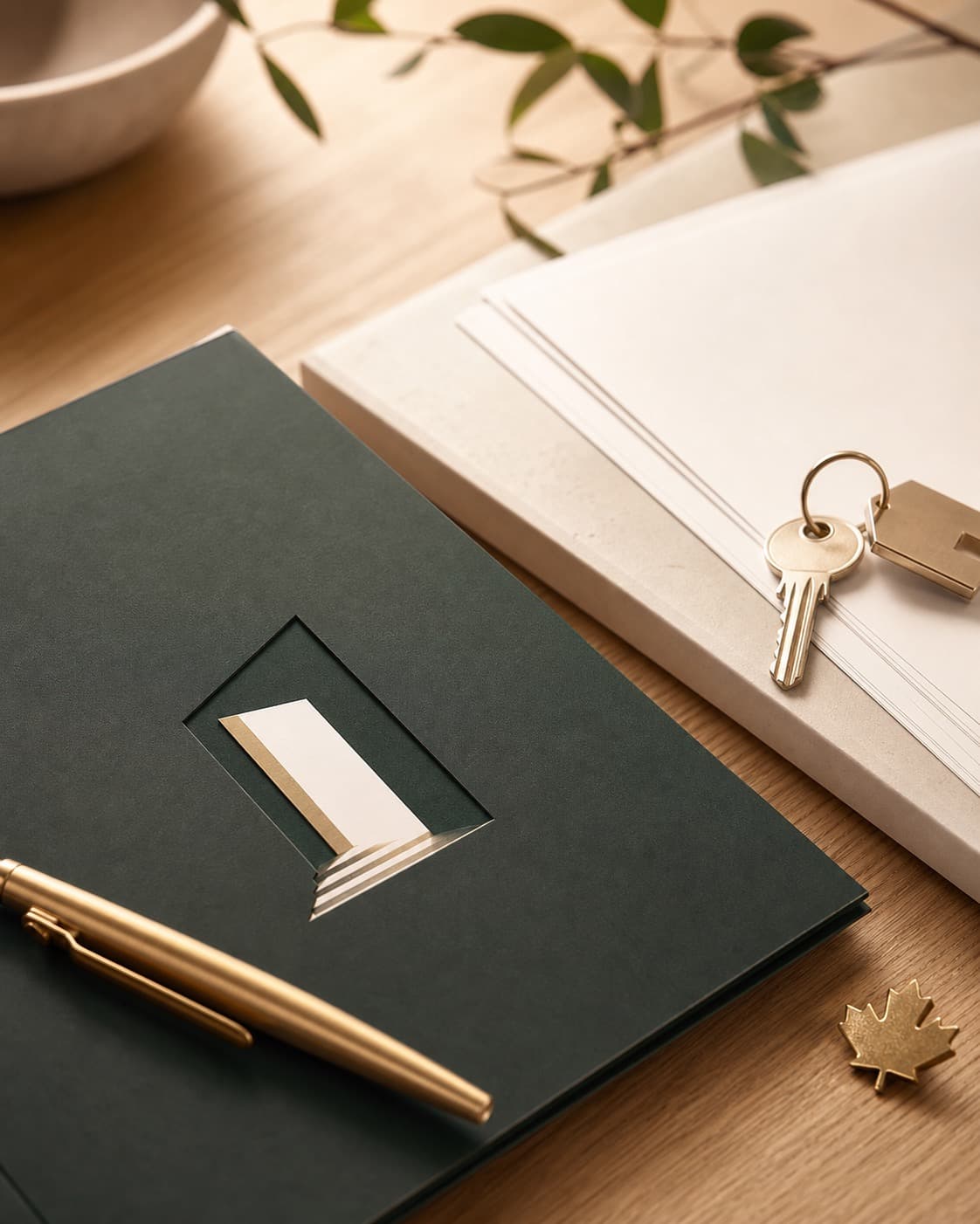 Closing documents, keys, and a Setlume folder on a desk.